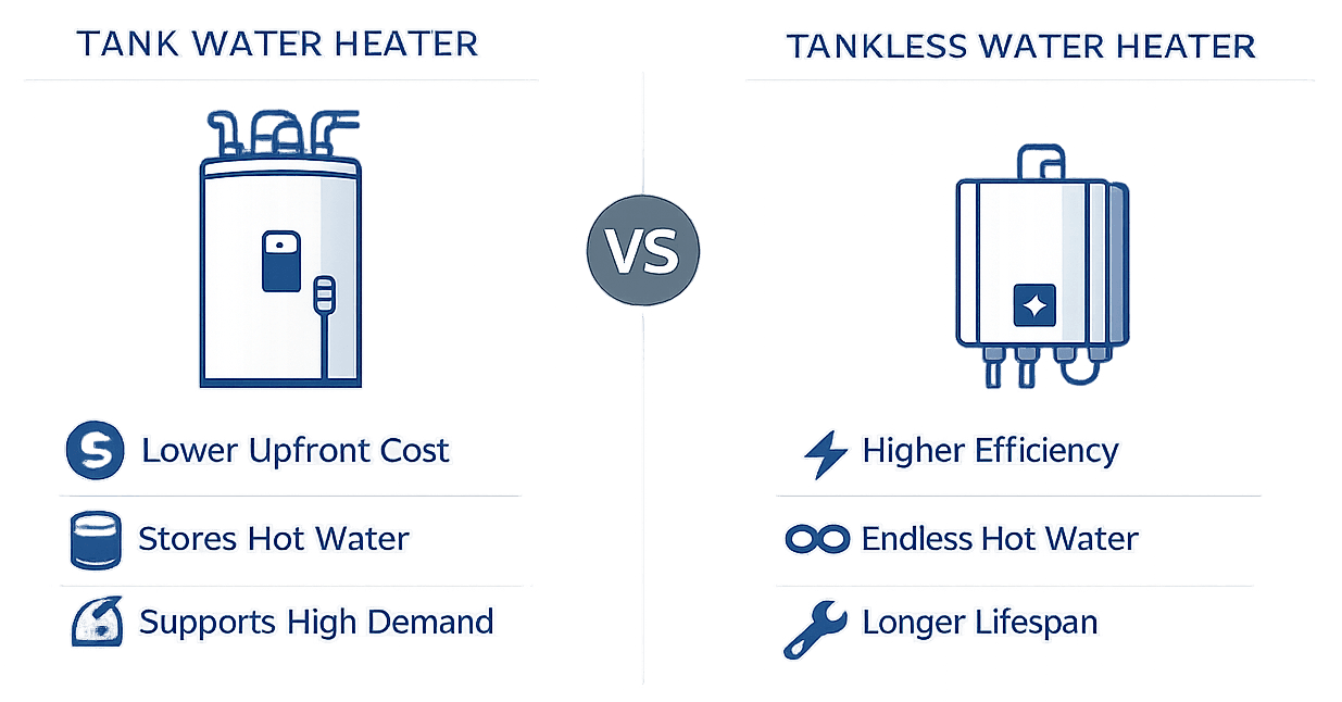 Illustration comparing a traditional tank water heater and a tankless water heater.